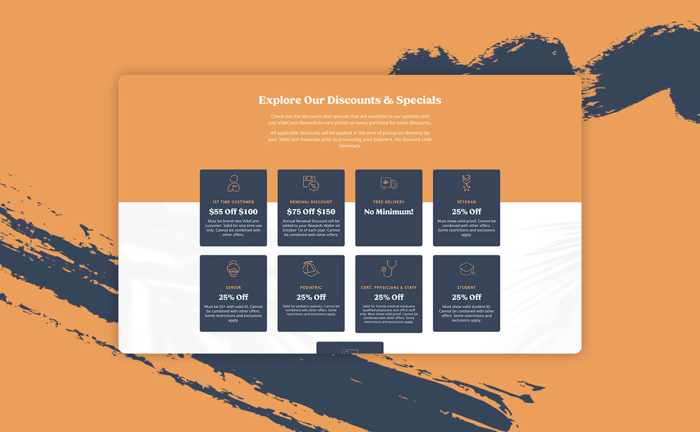 VidaCann Cannabis Dispensary Website Design - Discounts & Specials