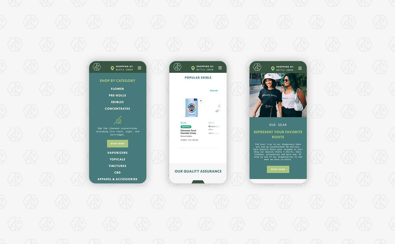 Quality Roots Cannabis Dispensary Website Design - Multiple Mobile Pages