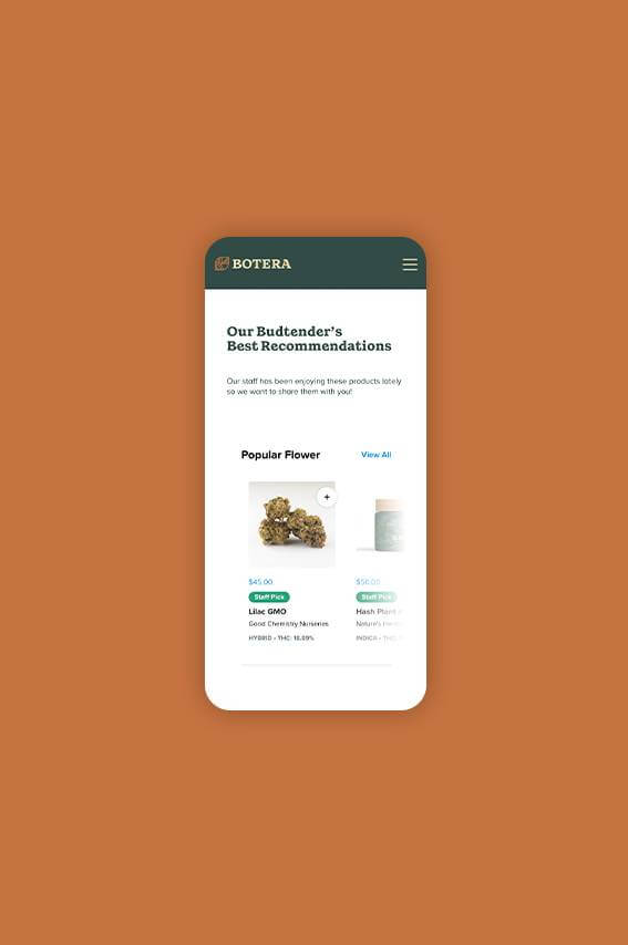 Botera Cannabis Dispensary Website Design - Mobile Budtender Recommendation Section