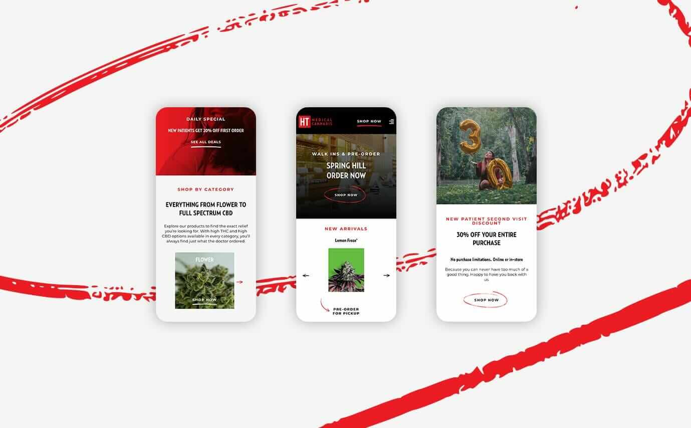 High Times Cannabis Dispensary Website Design - Multiple Mobile Sections
