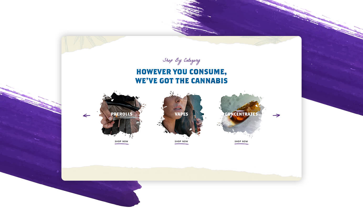 Three Nations Cannabis Dispensary Website Design - Shop By Category Section